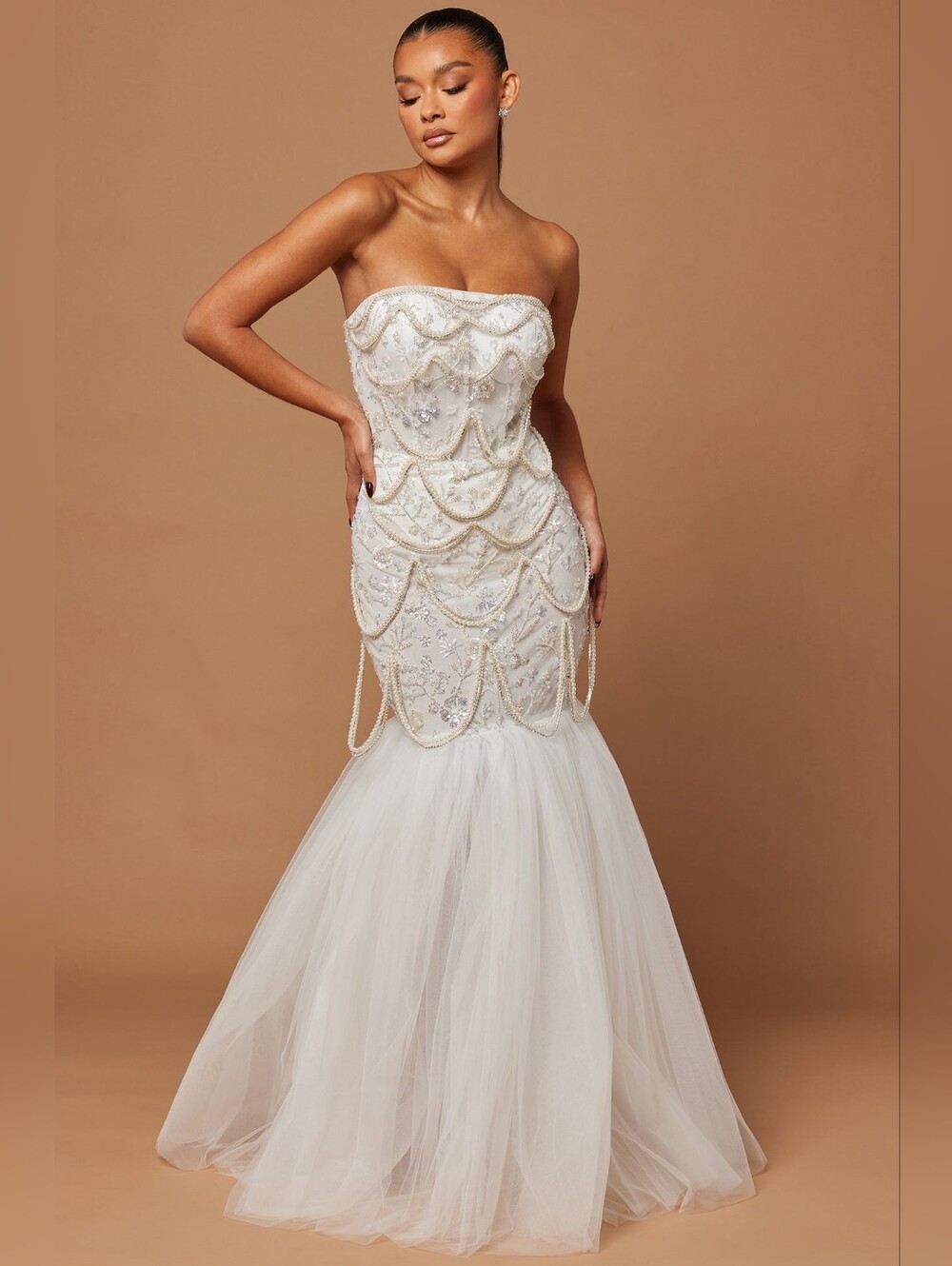 Strapless Ivory Sheer Beaded Mermaid Wedding Gown